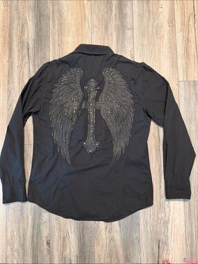 Black Button-Up Shirt with Embellished Cross & Wing Applique